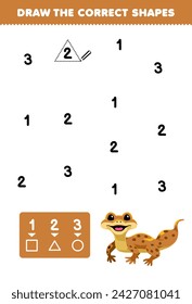 Game for children help cute gecko draw the correct shapes according to the number pet worksheet