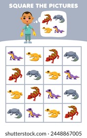 Game for children help cute vet boy square the correct gecko set picture pet worksheet