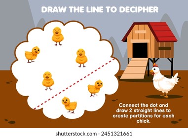 Game for children help hen draw the lines to separate the chick printable pet worksheet