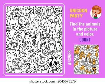 Game for children. Hidden coloring Objects. Find animals in unicorn party. Funny cartoon characters. Black and white outline for colouring. Vector illustration.