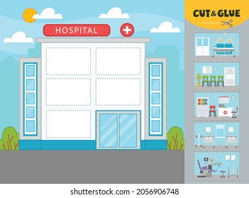 A game for children. Hospital. Cut and glue. A game for the development of logic and mindfulness. Vector illustration.