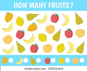 Game for children: how many. Counting game with fruit for kids: apples, banana, mango, peach, pear, lemon. Educational maths task, preschool worksheet activity.