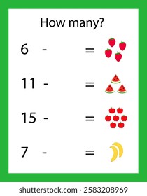 A game for children. How many are there? Fruits are different. Cute vector color illustration. 