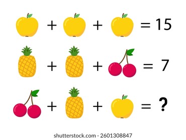 A game for children. How many are there? Fruits are different. Cute vector color illustration. 