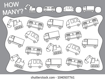 Game for children. How many transports? Learning numbers, mathematics