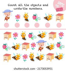 Juego para niños. ¿Cuántos objetos ves aquí? Contar y escribir números. Actividad, ilustración del vector de color. El apicultor y las abejas se encuentran cerca de la colmena.