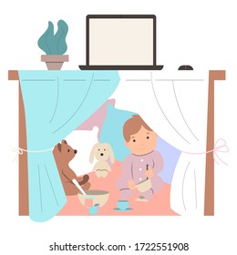 Game for children hut under the table. Vector illustration, flat cartoon design, eps 10.