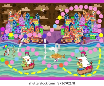 Game for children - journey for colorful town on river coast in fairy country. Vector illustration. 