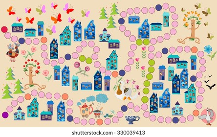Game for children - journey through fairy country. Vector illustration.