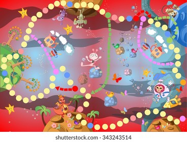 Game for children - journey through the space with fantastic planets and creatures. Vector illustration.