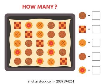 A game for children. Learning to count. Count the cookies on the baking sheet. Wind illustration. Print Worksheet