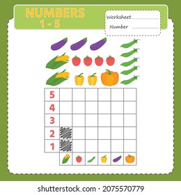 Un juego para los niños. Aprender a contar. Cuenta el número de verduras. Pintar sobre la muestra. Ilustración vectorial. Imprimir hoja
