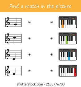 Game for children. Learning notes. Find a match in the pictures. The development of intelligence in preschool children. Vector illustration