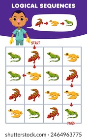 Game for children logical sequence help vet boy sort a gecko from start to finish pet worksheet