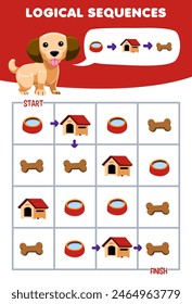 Game for children logical sequence help dog sort a stuff from start to finish pet worksheet