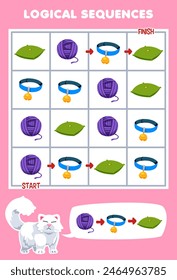 Game for children logical sequence help cat sort a stuff from start to finish pet worksheet