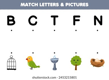 Game for children match letters B C T F N with the correct pictures name printable pet worksheet