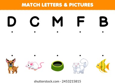 Game for children match letters D C M F B with the correct pictures name printable pet worksheet