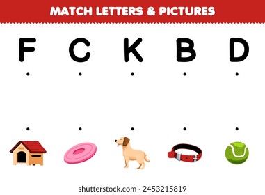 Game for children match letters F C K B D with the correct pictures name printable pet worksheet