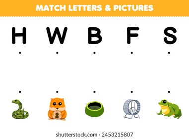 Game for children match letters H W B F S with the correct pictures name printable pet worksheet