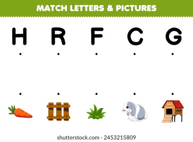 Game for children match letters H R F C G with the correct pictures name printable pet worksheet