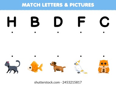 Game for children match letters H B D F C with the correct pictures name printable pet worksheet