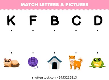 Game for children match letters K F B C D with the correct pictures name printable pet worksheet