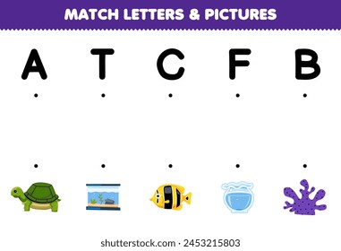 Game for children match letters A T C F B with the correct pictures name printable pet worksheet