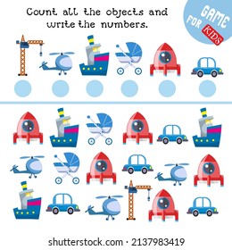 Game for children. Math worksheet for kids. How many objects do you see here? Count and write numbers. Vector color illustration.