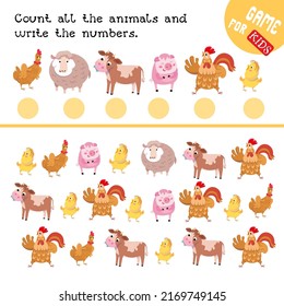 Game for children. Math worksheet for kids. How many animals do you see here? Count and write numbers. Vector color illustration.