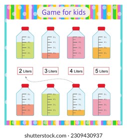 Game for children. Measuring capacity of the bottles. Worksheet for kids. Vector illustration. 