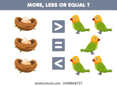 Game for children more less or equal count the amount of cute bird and nest pet worksheet