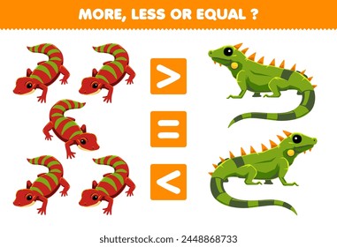 Game for children more less or equal count the amount of cute gecko and iguana pet worksheet