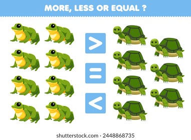 Game for children more less or equal count the amount of cute frog and turtle pet worksheet