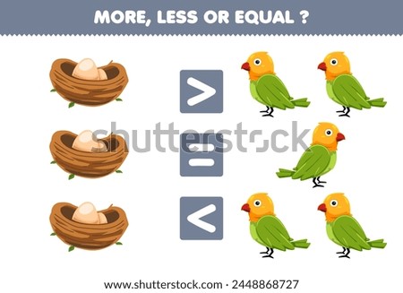 Game for children more less or equal count the amount of cute bird and nest pet worksheet