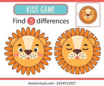 Game for children on attentiveness. Find 5 differences between the pictures. A lion. Cartoon vector picture