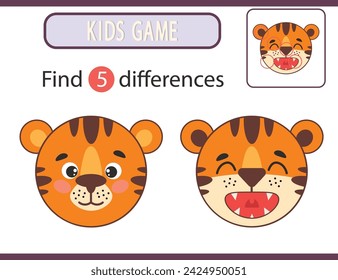 Game for children on attentiveness. Find 5 differences between the pictures. A ltiger Cartoon vector picture