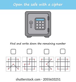 A game for children. Open the safe with a cipher. Cross out numbers by algorithm. IQ test. A game for the development of logic. Vector illustration for printing.