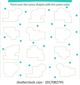 A game for children. Paint over the same shapes with the same color. Development of attention, memory and thinking