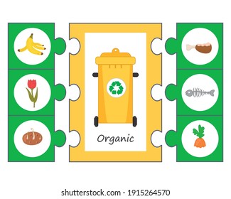 Game for children. Pazl. Waste sorting concept illustration. Sort garbage by type. Organic. Educational activity for kids and toddlers. Vector illustration
