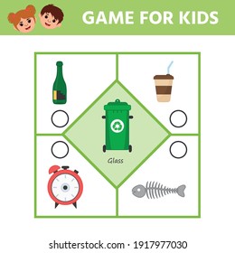 Game for children. Pazl. Waste sorting concept illustration. Sort garbage by type. Glass. Educational activity for kids and toddlers.