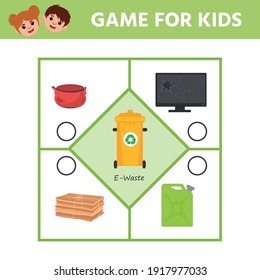 Spiel für Kinder. Pazl. Abfall-Sortierung Concept Illustration. Sortieren Sie Müll nach Typ. E-Müll Erziehungsaktivität für Kinder und Kleinkinder.