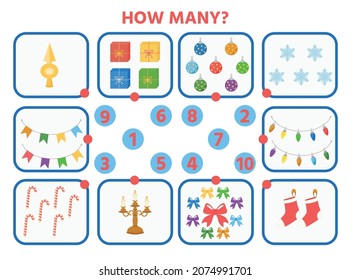 Game for children with pictures on Christmas theme. Ho many? Vector kids activity sheet. Children funny riddle entertainment. 