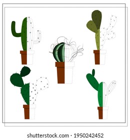 A game for children, practice handwriting. Draw a cactus along the contour and color it. Coloring book. Vector