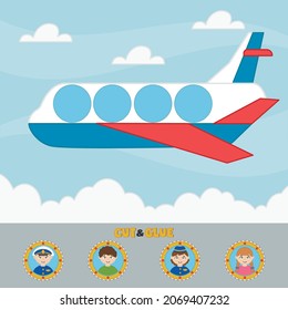 Game for children, print sheet. Airplane in the sky. Paper applique. Passenger stickers. Vector illustration.