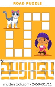 Game for children road puzzle help cute cat move to the girl printable pet worksheet