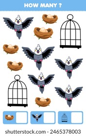 Game for children searching and counting how many of cute bird and stuff printable pet worksheet