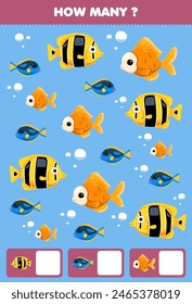 Game for children searching and counting how many of cute fish printable pet worksheet