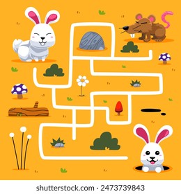 Game for children simple maze with cute cartoon white rabbit pet worksheet