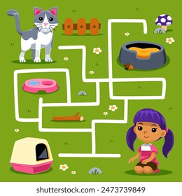 Juego para niños simple laberinto con tierno gato de dibujos animados y niña pet hoja de trabajo